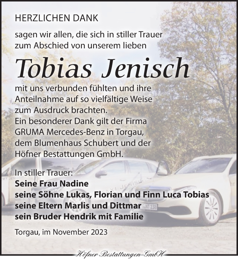  Traueranzeige für Tobias Jenisch vom 18.11.2023 aus Torgauer Zeitung