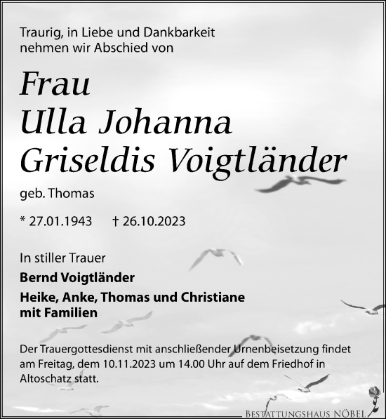 Traueranzeige von Ulla Johanna Griseldis Voigtländer von Leipziger Volkszeitung