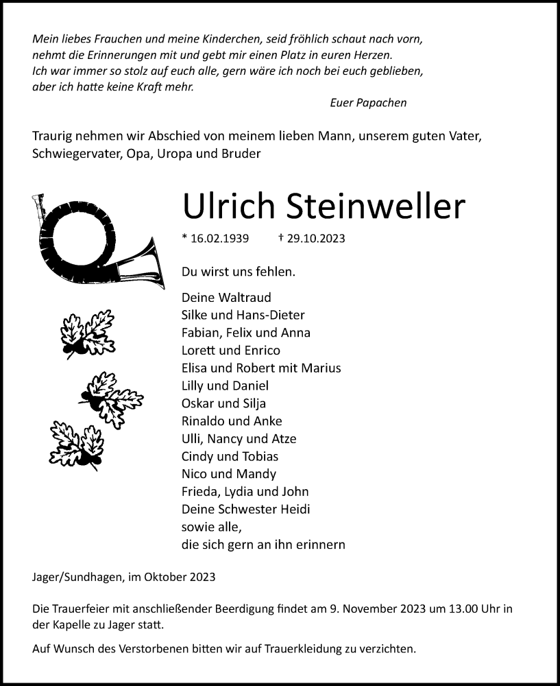  Traueranzeige für Ulrich Steinweller vom 04.11.2023 aus Ostsee-Zeitung GmbH