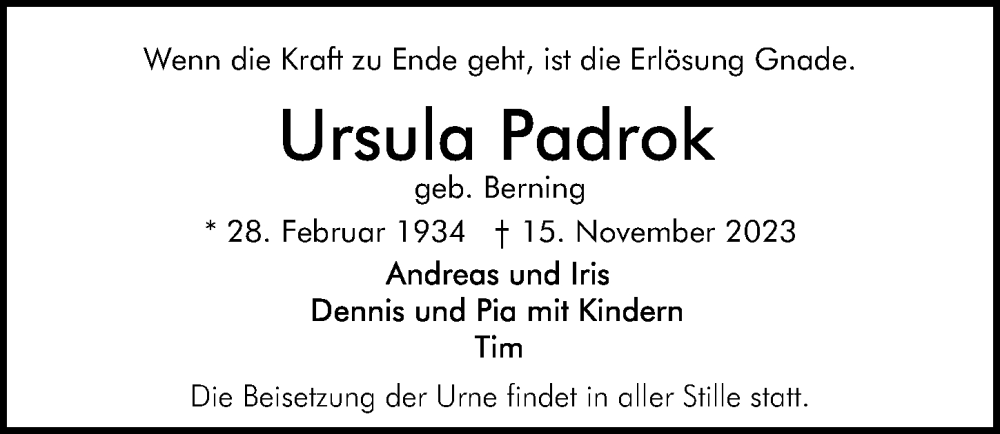  Traueranzeige für Ursula Padrok vom 18.11.2023 aus Hannoversche Allgemeine Zeitung/Neue Presse