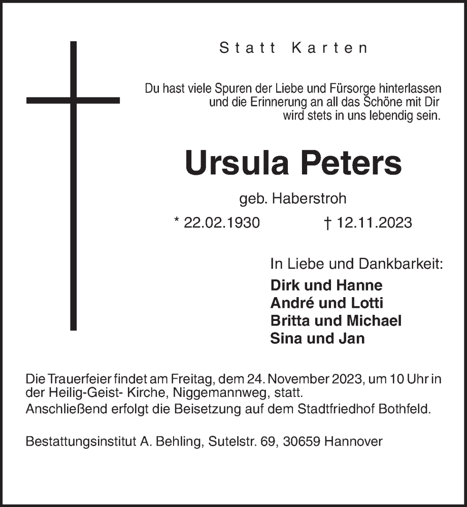  Traueranzeige für Ursula Peters vom 18.11.2023 aus Hannoversche Allgemeine Zeitung/Neue Presse
