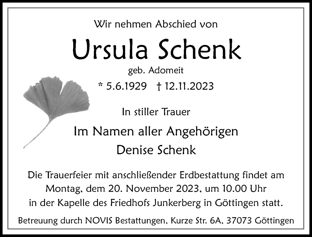  Traueranzeige für Ursula Schenk vom 18.11.2023 aus Göttinger Tageblatt