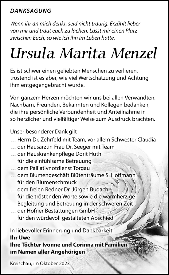 Traueranzeige von Ursula Marita Menzel von Torgauer Zeitung
