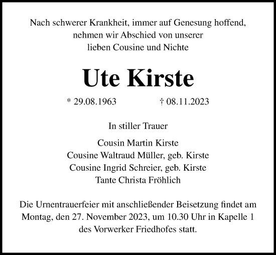 Traueranzeige von Ute Kirste von Lübecker Nachrichten