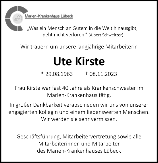 Traueranzeige von Ute Kirste von Lübecker Nachrichten