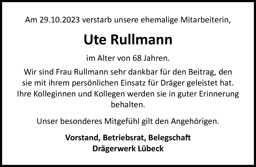  Traueranzeige für Ute Rullmann vom 05.11.2023 aus Lübecker Nachrichten