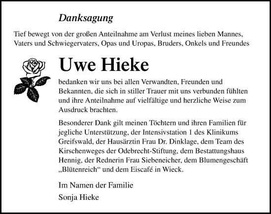 Traueranzeige von Uwe Hieke von Ostsee-Zeitung GmbH