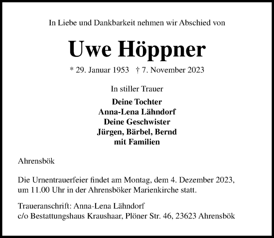 Traueranzeige von Uwe Höppner von Lübecker Nachrichten