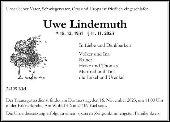 Traueranzeige von Uwe Lindemuth von Kieler Nachrichten