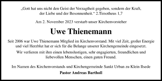 Traueranzeige von Uwe Thienemann von Peiner Allgemeine Zeitung