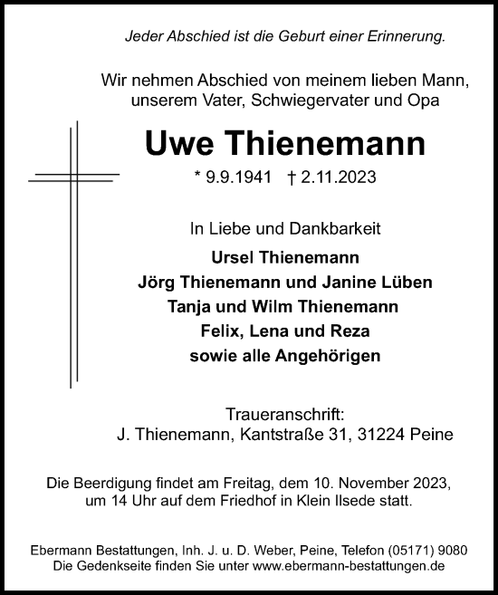 Traueranzeige von Uwe Thienemann von Peiner Allgemeine Zeitung