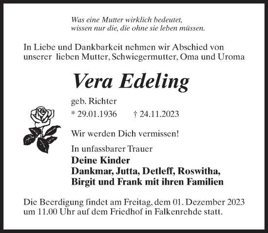 Traueranzeige von Vera Edeling von Märkischen Allgemeine Zeitung