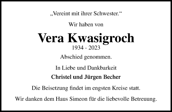 Traueranzeige von Vera Kwasigroch von Lübecker Nachrichten