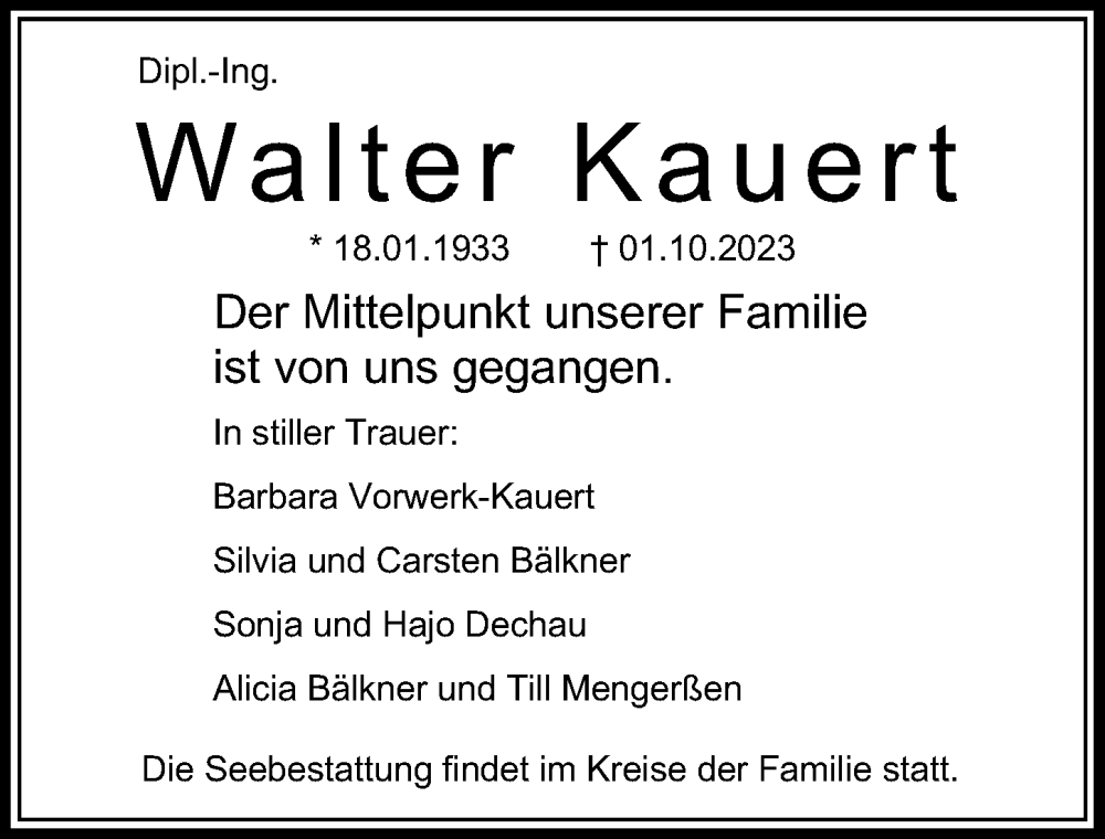  Traueranzeige für Walter Kauert vom 05.11.2023 aus Lübecker Nachrichten