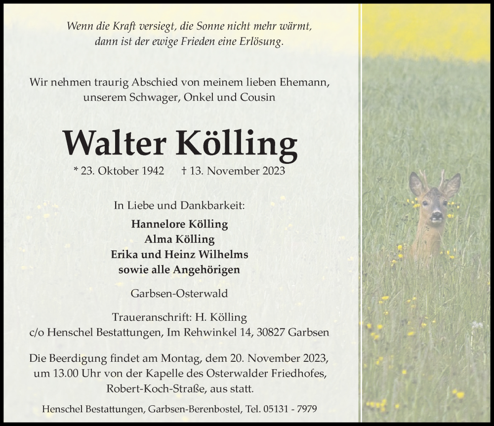  Traueranzeige für Walter Kölling vom 18.11.2023 aus Hannoversche Allgemeine Zeitung/Neue Presse