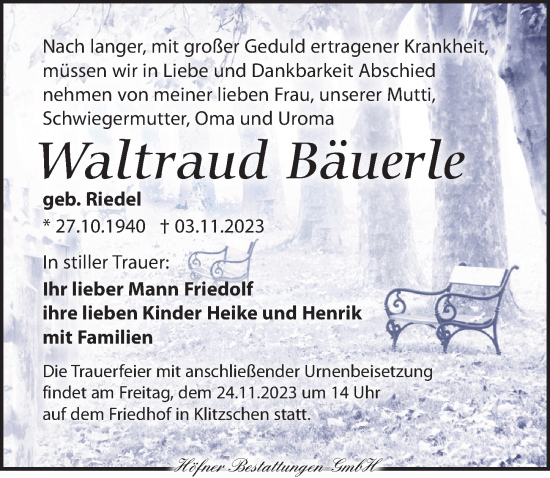 Traueranzeige von Waltraud Bäuerle von Torgauer Zeitung