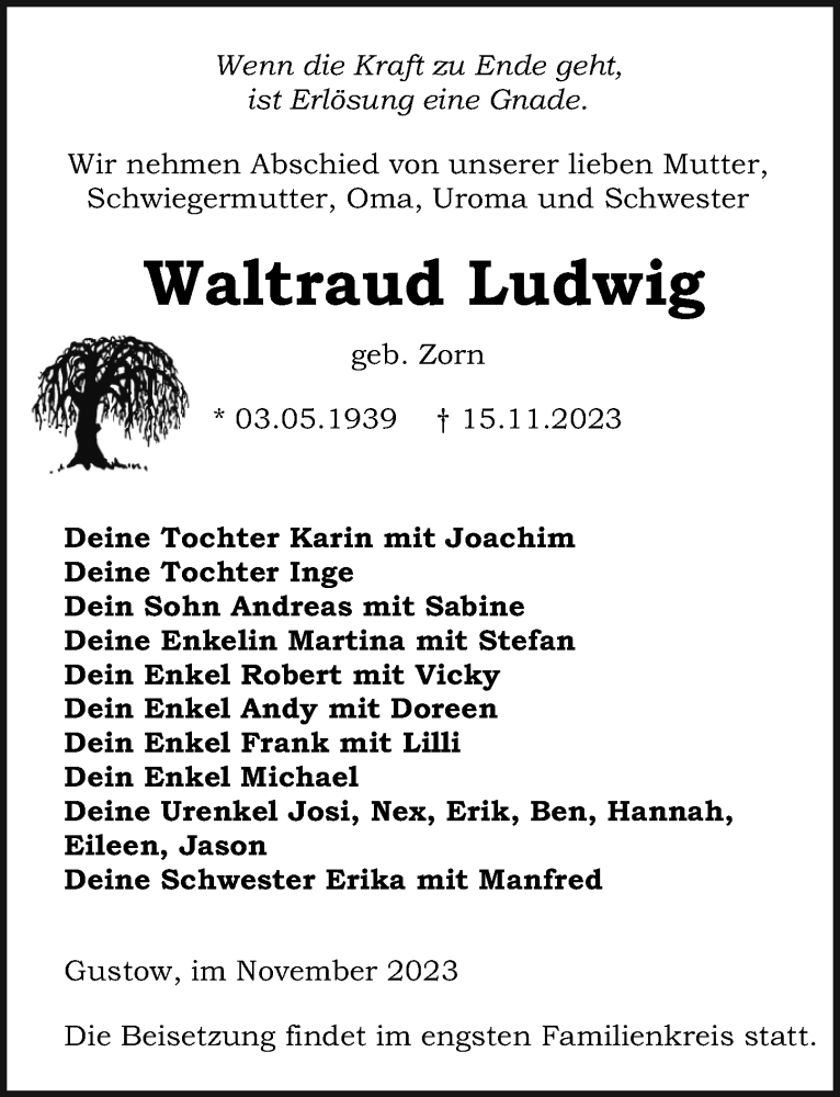  Traueranzeige für Waltraud Ludwig vom 18.11.2023 aus Ostsee-Zeitung GmbH
