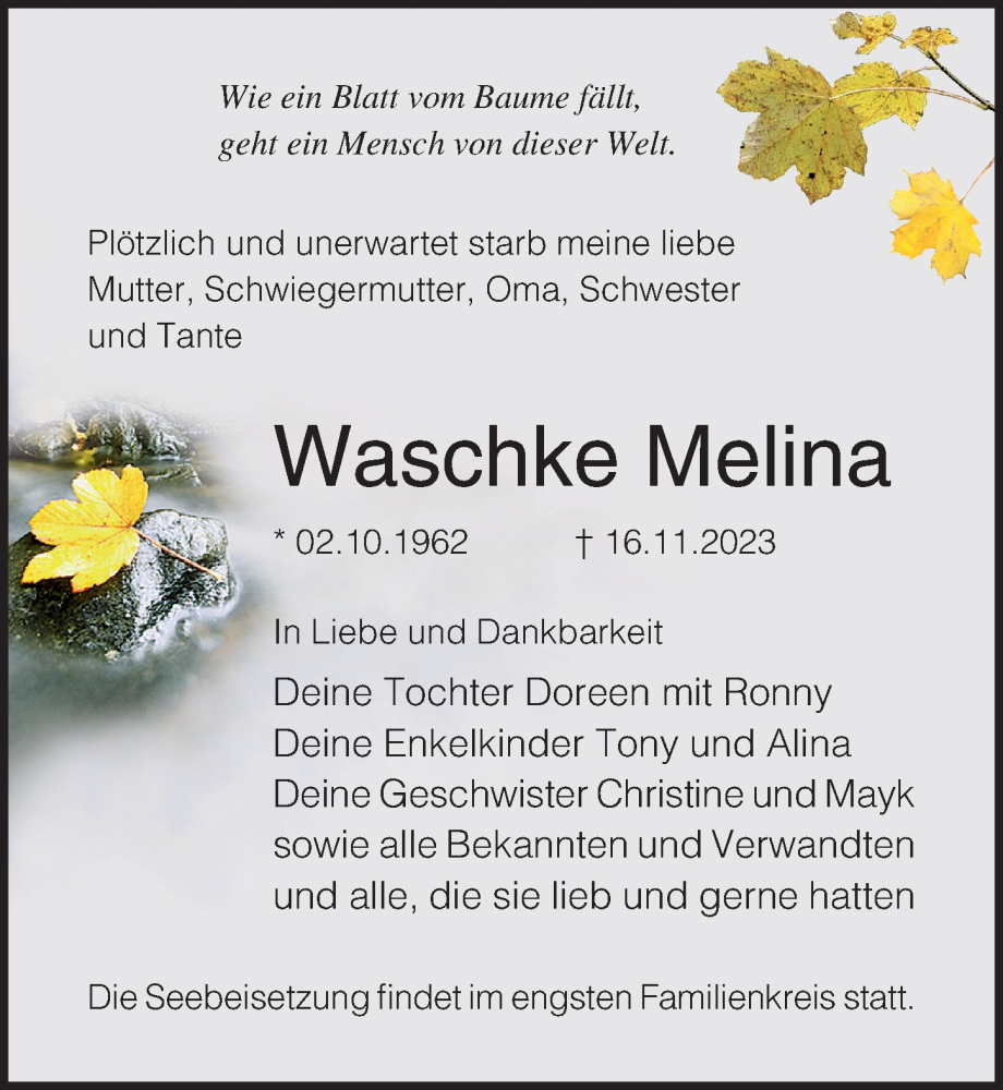  Traueranzeige für Waschke Melina vom 18.11.2023 aus Ostsee-Zeitung GmbH