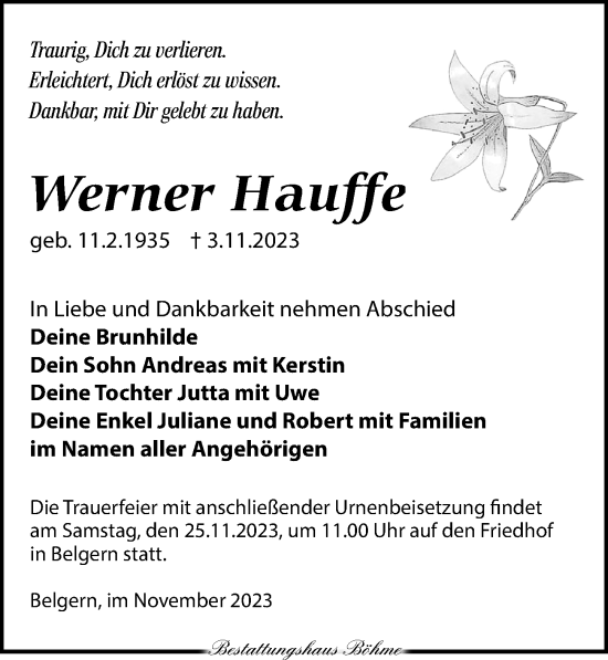 Traueranzeige von Werner Hauffe von Torgauer Zeitung