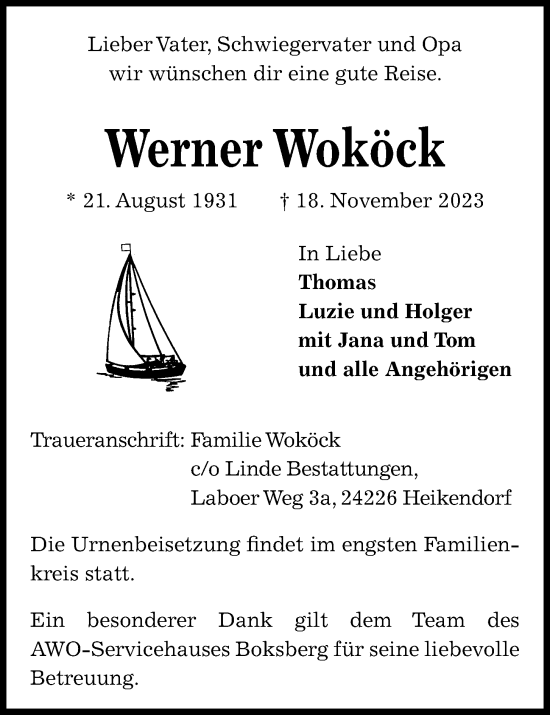 Traueranzeige von Werner Woköck von Kieler Nachrichten