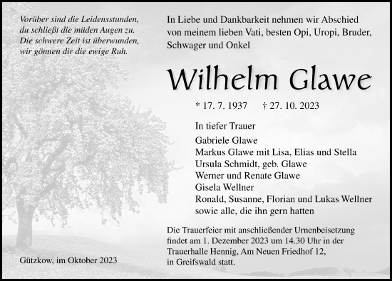 Traueranzeige von Wilhelm Glawe von Ostsee-Zeitung GmbH