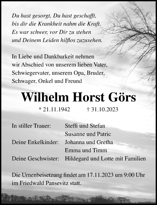 Traueranzeige von Wilhelm Horst Görs von Ostsee-Zeitung GmbH