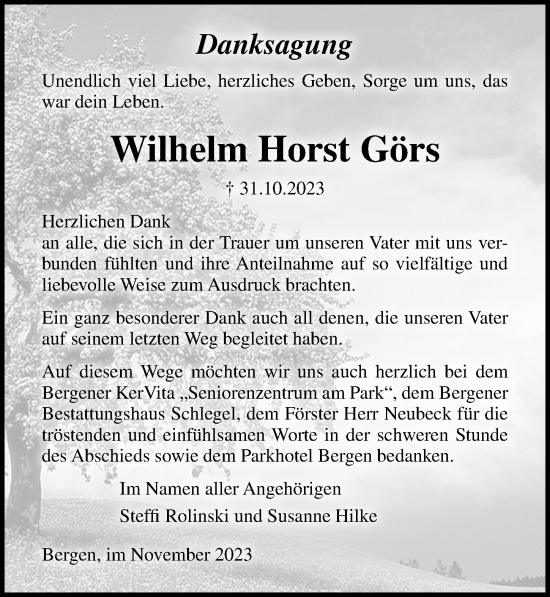 Traueranzeige von Wilhelm Horst Görs von Ostsee-Zeitung GmbH