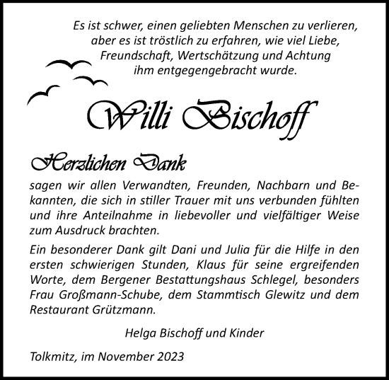 Traueranzeige von Willi Bischoff von Ostsee-Zeitung GmbH