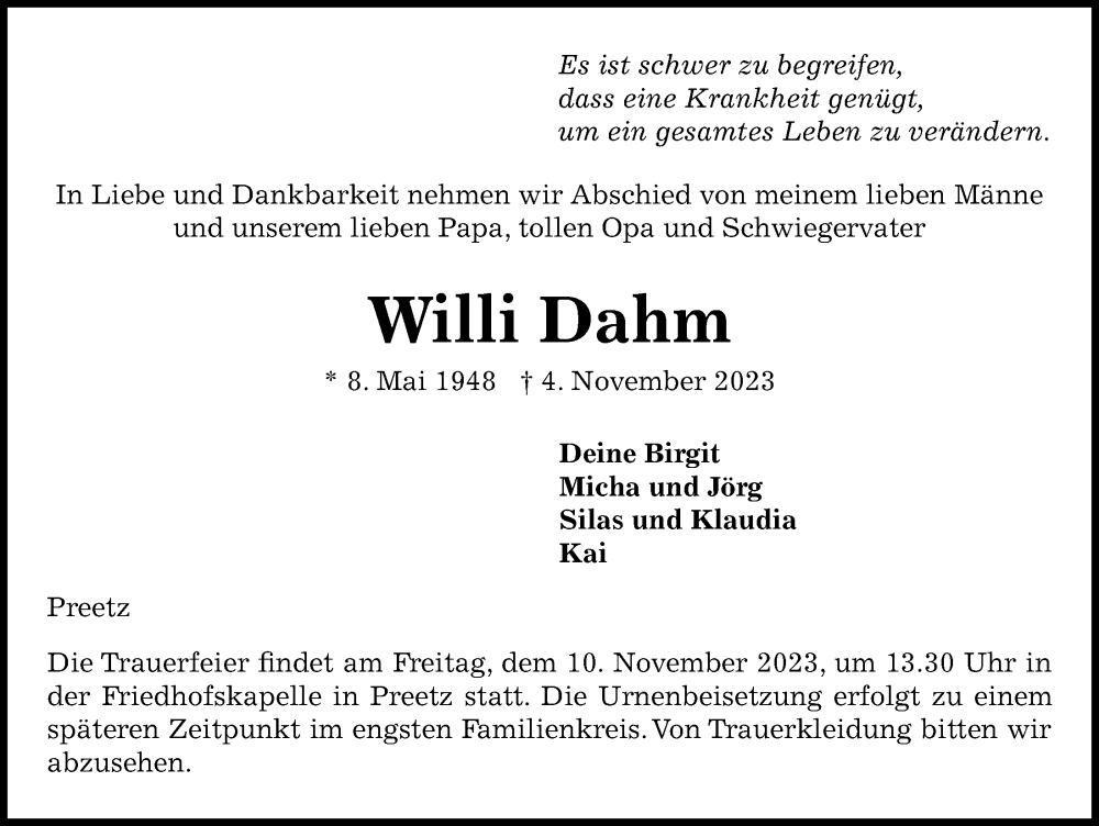  Traueranzeige für Willi Dahm vom 08.11.2023 aus Kieler Nachrichten