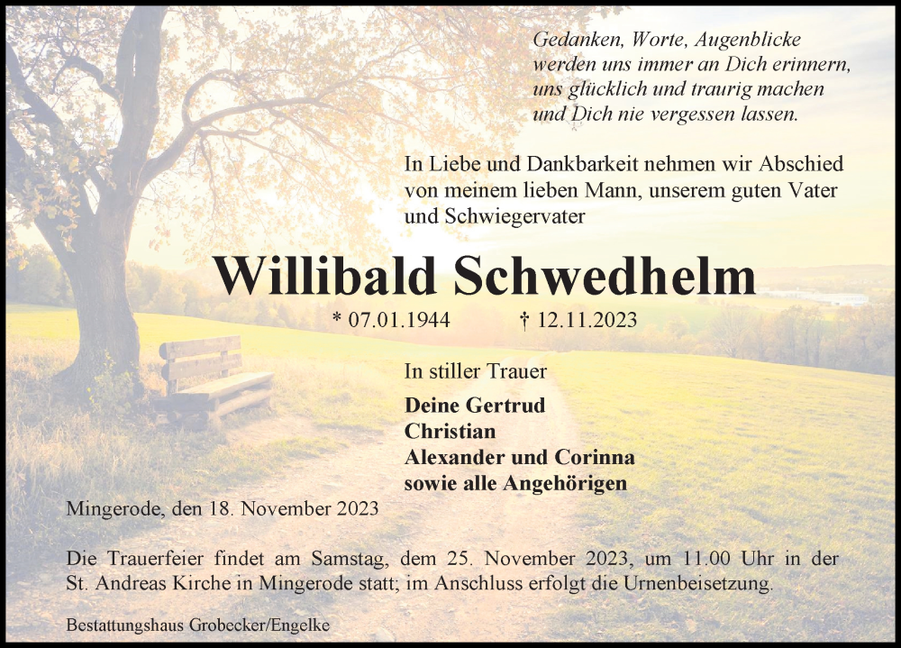 Traueranzeige für Willibald Schwedhelm vom 18.11.2023 aus Eichsfelder Tageblatt