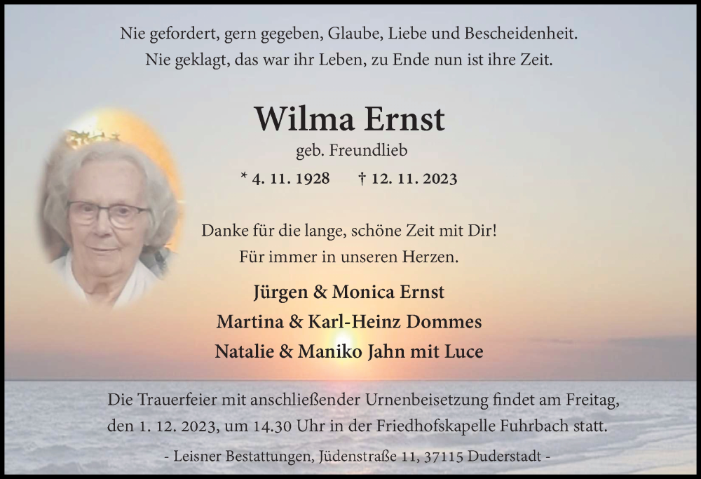  Traueranzeige für Wilma Ernst vom 18.11.2023 aus Eichsfelder Tageblatt