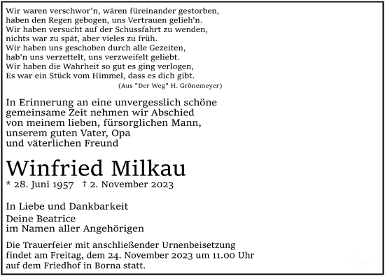 Traueranzeige von Winfried Milkau von Leipziger Volkszeitung