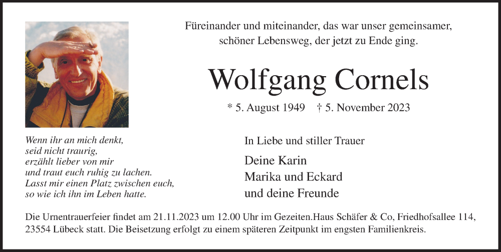  Traueranzeige für Wolfgang Cornels vom 19.11.2023 aus Lübecker Nachrichten