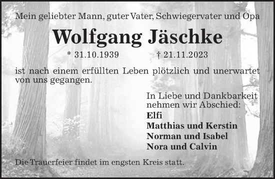 Traueranzeige von Wolfgang Jäschke von Hannoversche Allgemeine Zeitung/Neue Presse