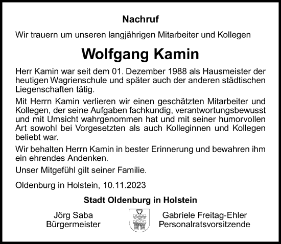 Traueranzeige von Wolfgang Kamin von Lübecker Nachrichten