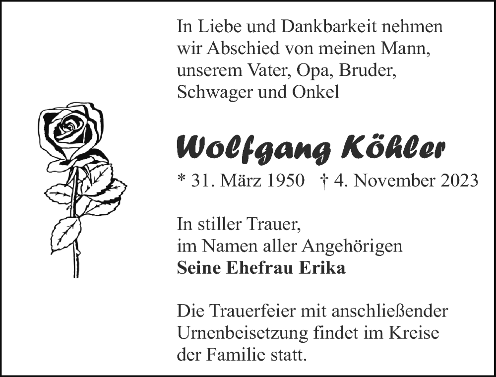  Traueranzeige für Wolfgang Köhler vom 11.11.2023 aus Ostsee-Zeitung GmbH