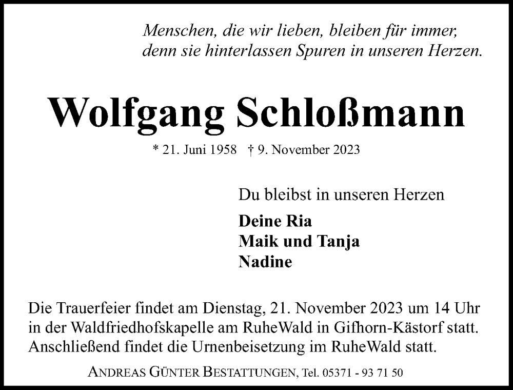  Traueranzeige für Wolfgang Schloßmann vom 11.11.2023 aus Aller Zeitung