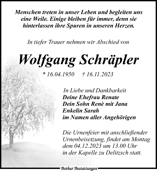 Traueranzeige von Wolfgang Schräpler von Leipziger Volkszeitung