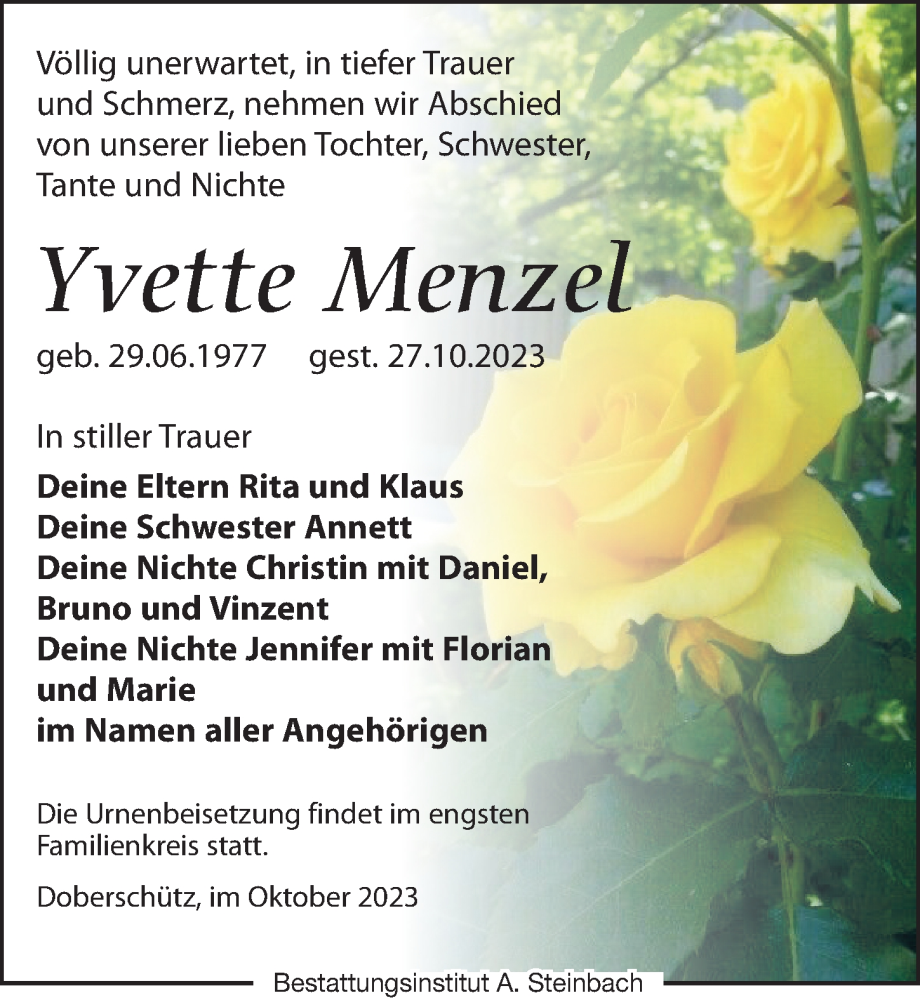  Traueranzeige für Yvette Menzel vom 04.11.2023 aus Leipziger Volkszeitung