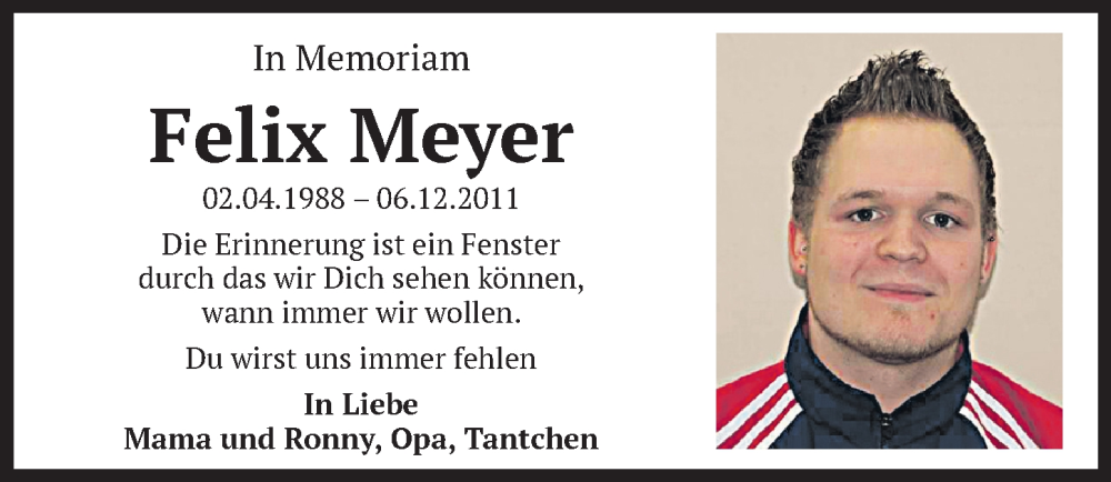  Traueranzeige für Felix Meyer vom 06.12.2023 aus Aller Zeitung