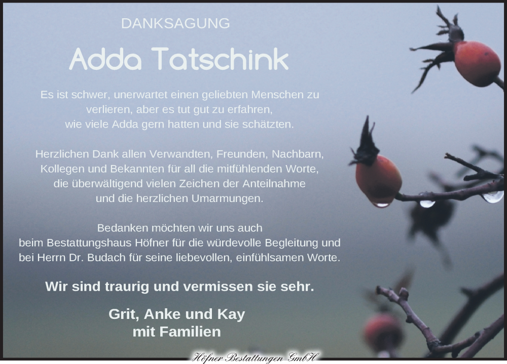  Traueranzeige für Adda Tatschink vom 23.12.2023 aus Torgauer Zeitung