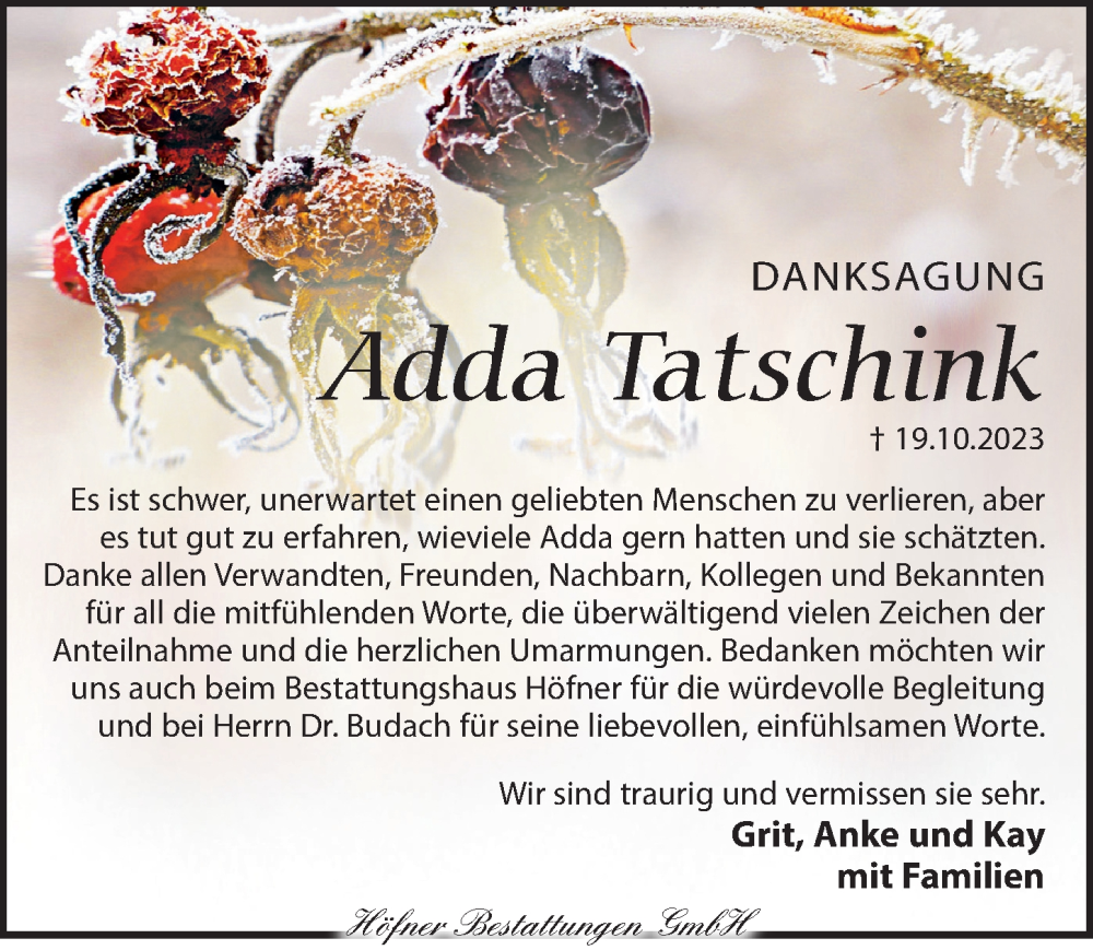  Traueranzeige für Adda Tatschink vom 16.12.2023 aus Torgauer Zeitung