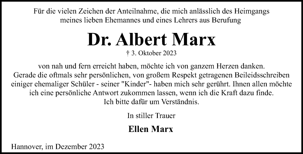 Traueranzeige für Albert Marx vom 02.12.2023 aus Hannoversche Allgemeine Zeitung/Neue Presse