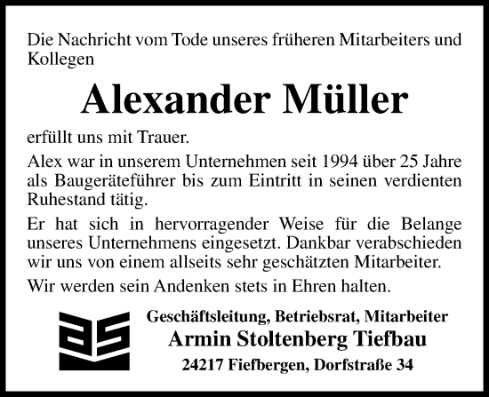 Traueranzeige von Alexander Müller von Kieler Nachrichten