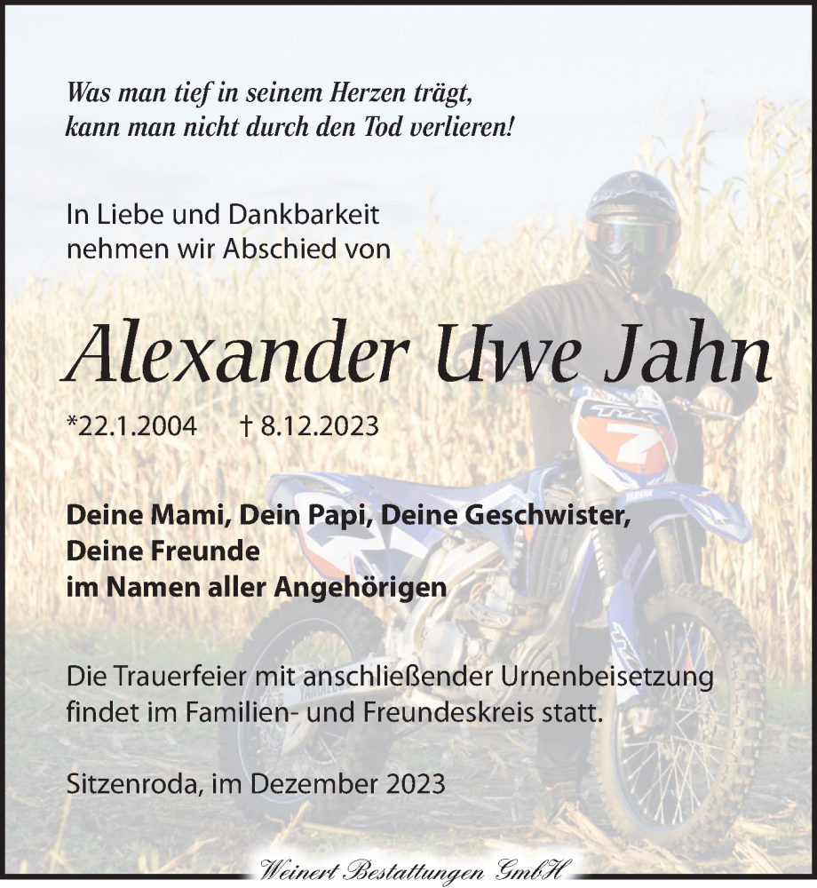  Traueranzeige für Alexander Uwe Jahn vom 30.12.2023 aus Torgauer Zeitung