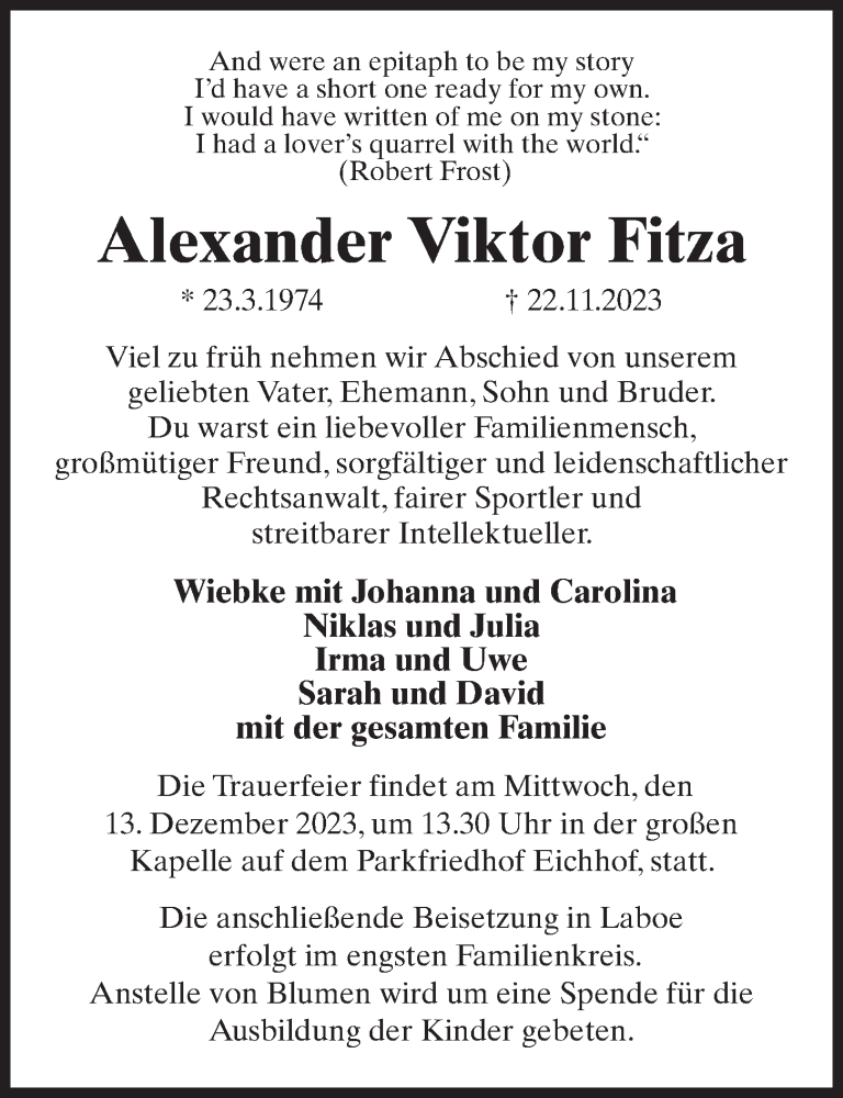  Traueranzeige für Alexander Viktor Fitza vom 02.12.2023 aus Kieler Nachrichten