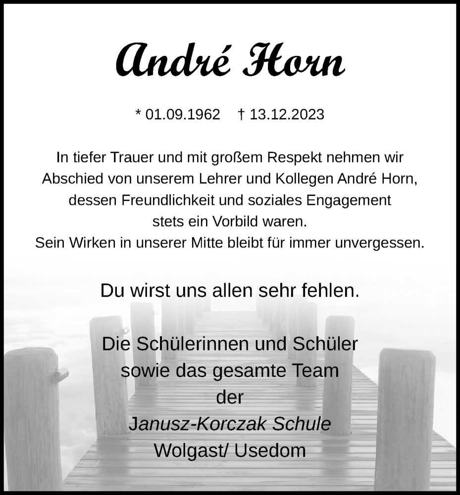  Traueranzeige für Andre Horn vom 21.12.2023 aus Ostsee-Zeitung GmbH