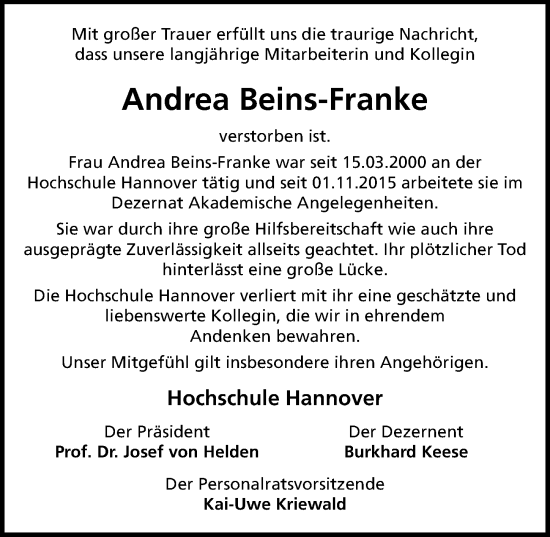 Traueranzeige von Andrea Beins-Franke von Hannoversche Allgemeine Zeitung/Neue Presse