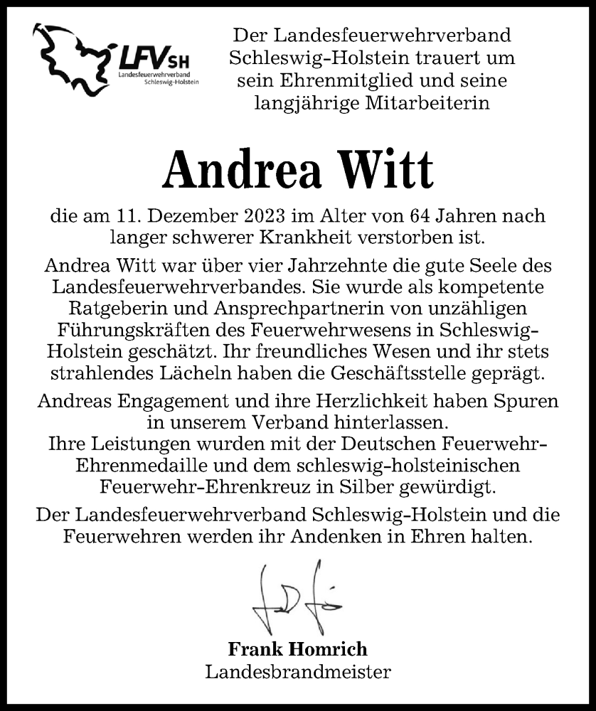  Traueranzeige für Andrea Witt vom 16.12.2023 aus Kieler Nachrichten