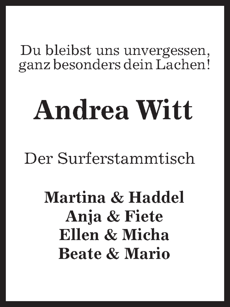  Traueranzeige für Andrea Witt vom 16.12.2023 aus Kieler Nachrichten